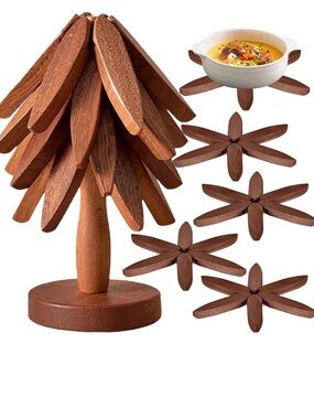 Wooden Trivet Set with Decorative Tree Display - Brown